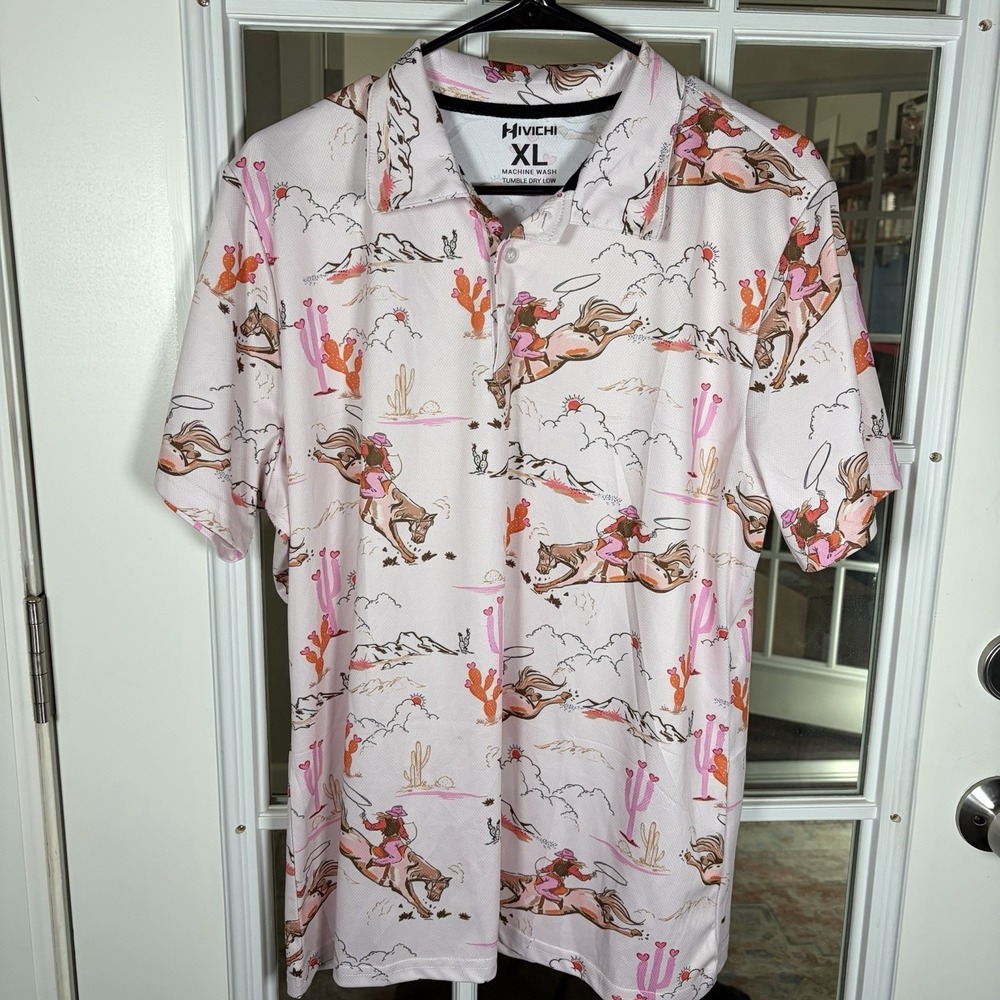 Hivichi Men's XL Western Cowgirl Print Polo Golf Shirt Pink - Picture 1 of 11